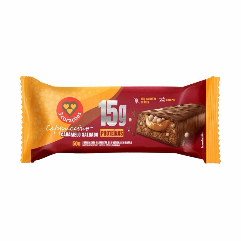 Kit 3 Barras de Proteína 3 Corações Cappuccino – Caramelo Salgado – 15g de Proteína