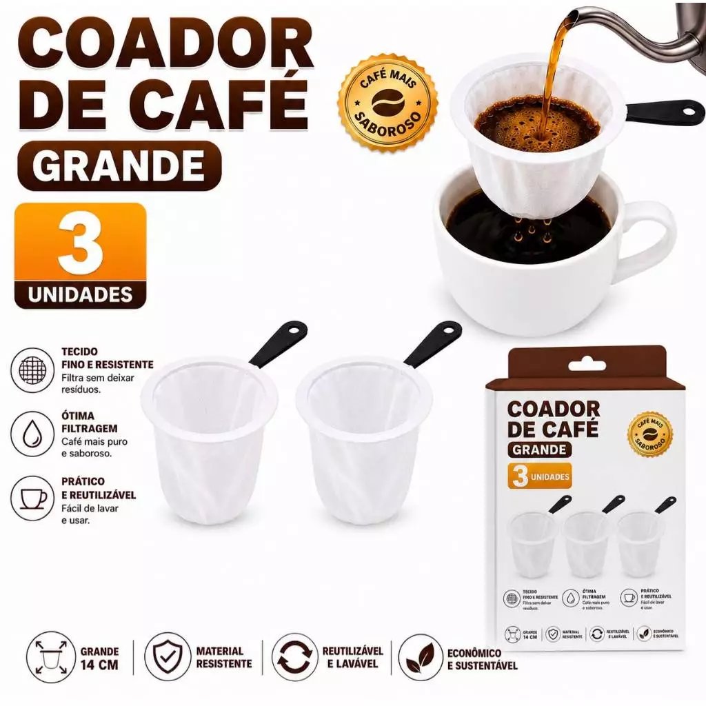 Kit 3 Coadores de Café de Pano Grande Reutilizáveis